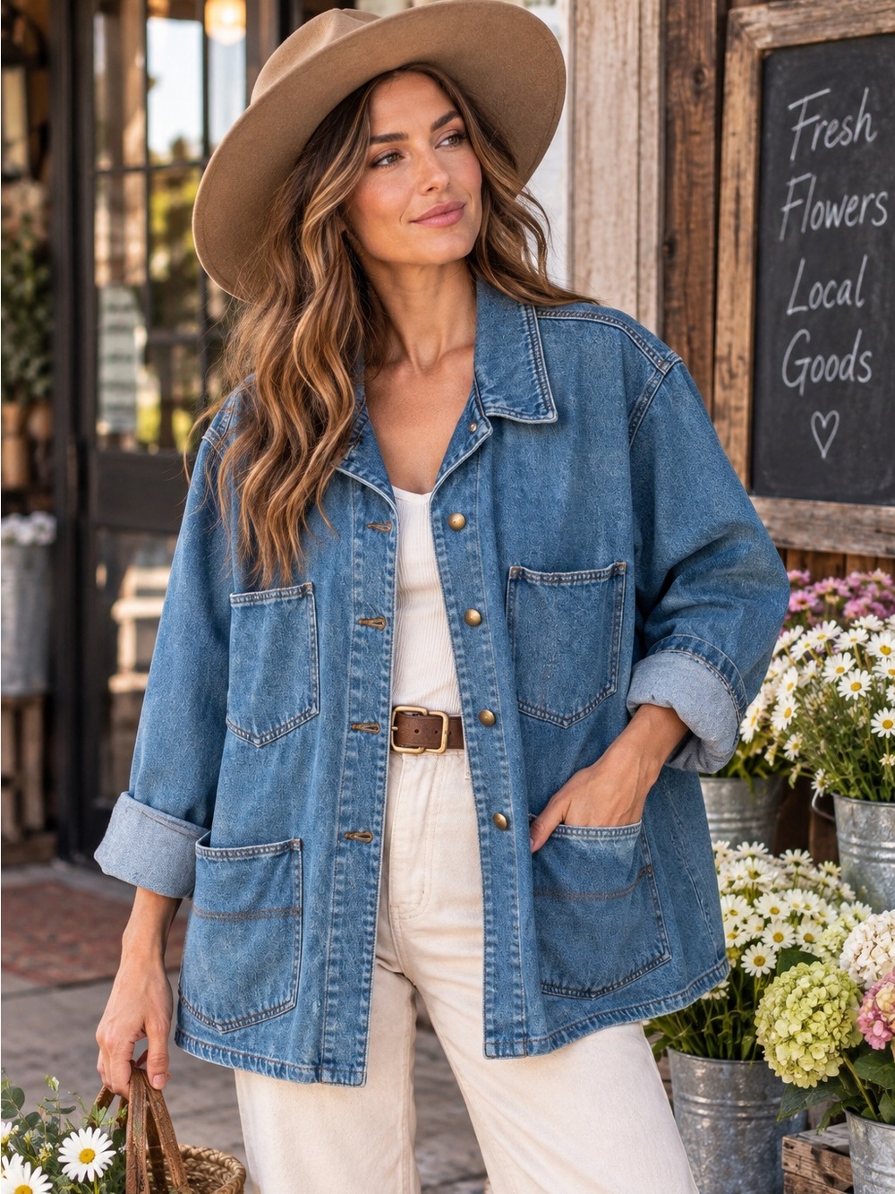 Vintage Oversized Denim Chore Coat 4-Pocket Utility Barn Jacket